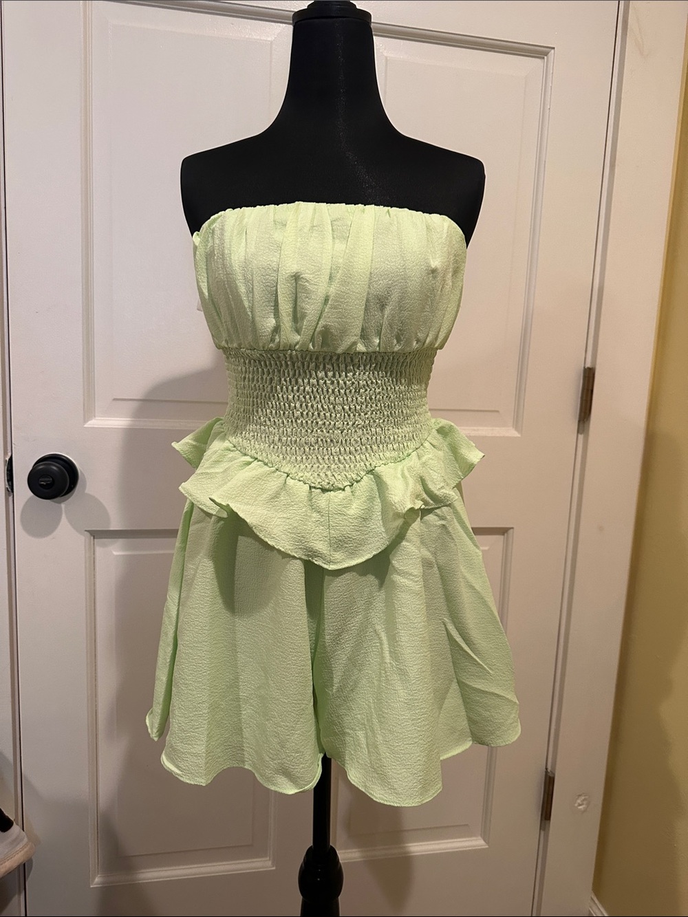 HYFVE Strapless Smocked Peplum Romper in Light Lime
